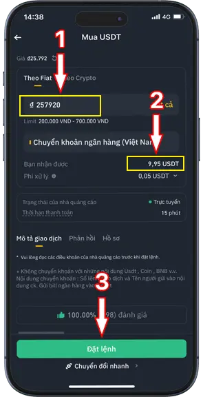 Bước 4: Nhập số tiền VND để đổi qua USDT (1), sau đó kiểm tra số USDT nhận được sau khi đổi (2) và ấn Đặt lệnh (3)